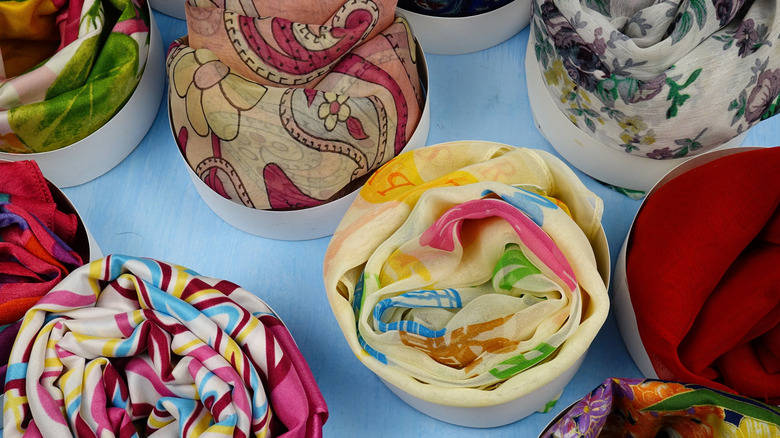 Display of colorful chiffon scarves