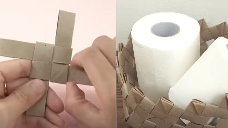 Split image with the left featuring someone weaving strips together, and the right showing a fully woven basket from strips of toilet paper tubes