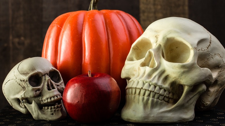 skull display with a pumpkin and apple