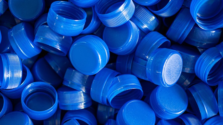 Blue plastic bottle caps