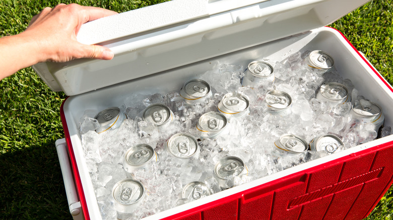 hand opening red cooler