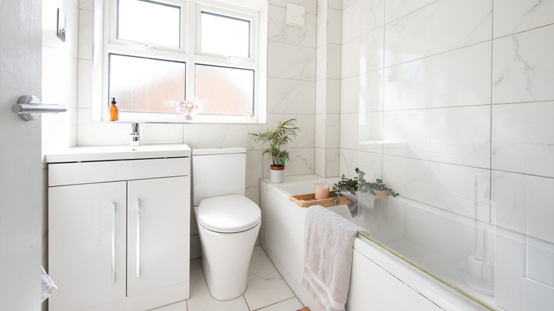 A small white bathroom has limited storage