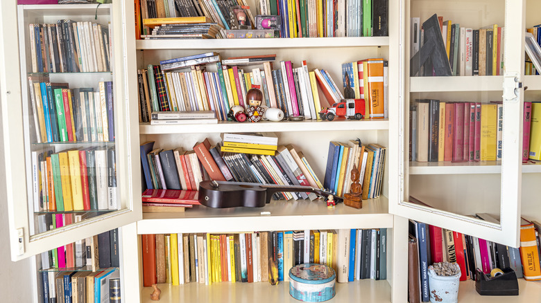 Cluttered bookshelf