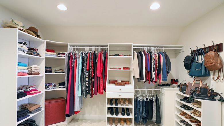 Walk in closet with clothing and lights