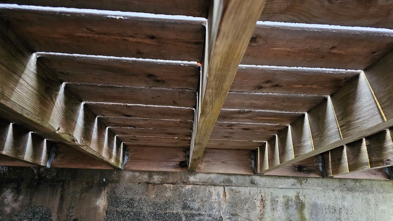 Underside of a moldy old wooden deck