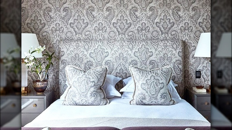 Bed headboard with matching wallpaper