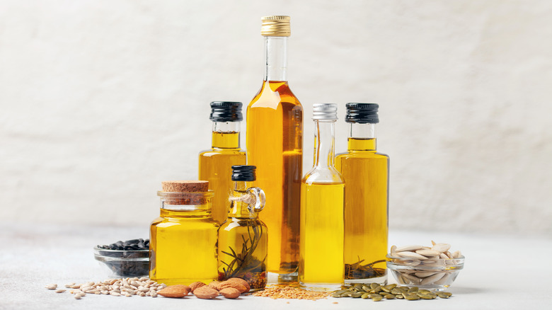 various oil bottles in glass bottles