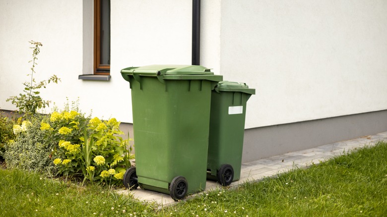 Two green trash bins beside house on a tile pad