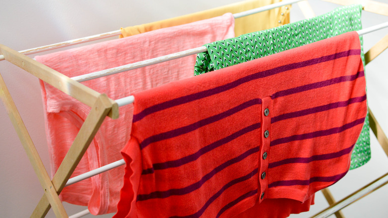 clothes on a drying rack