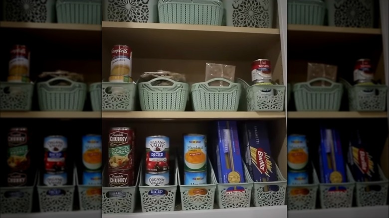 book bins organizing food cabinet