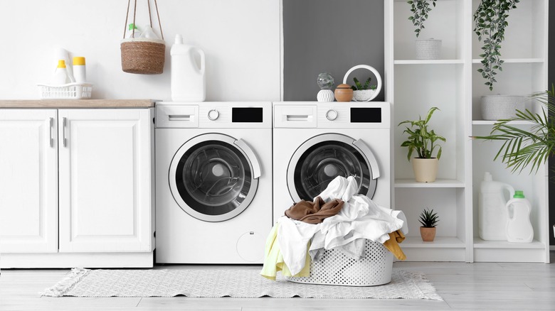 Basket of clothes in laundry room