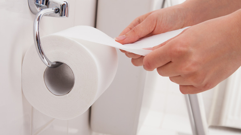 hand pulling toilet paper