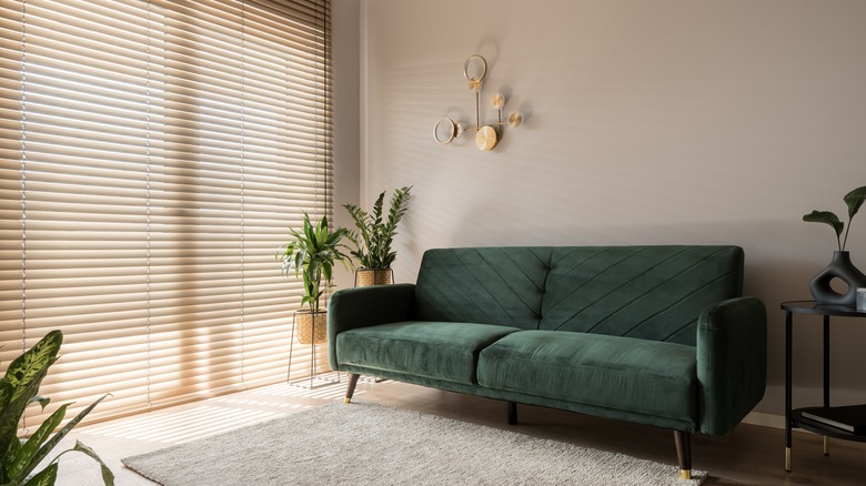 living room with window blinds