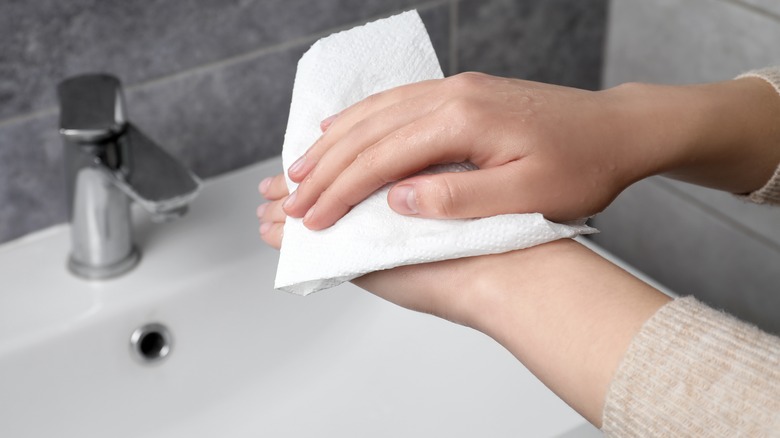 Holding paper towels by sink