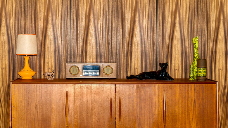 wood paneling in living room. 