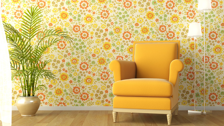 Yellow busy floral wallpaper