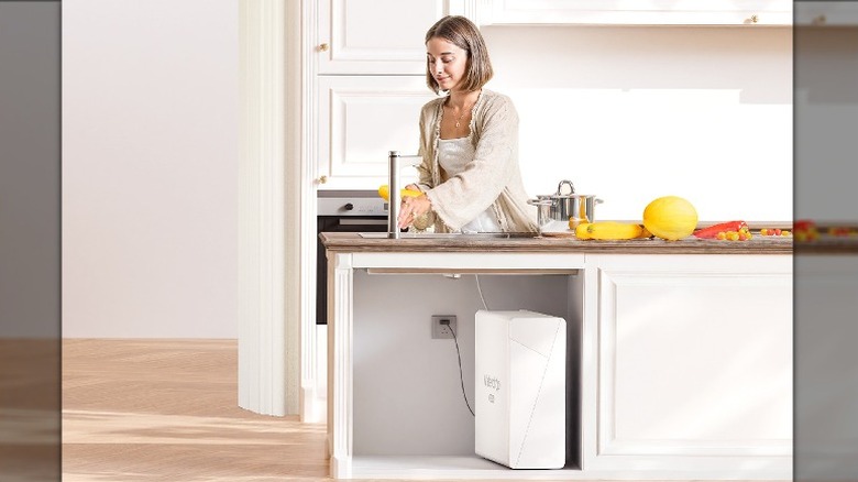 Waterdrop Filter X12 RO filter system installed under kitchen sink, woman cleaning vegetables