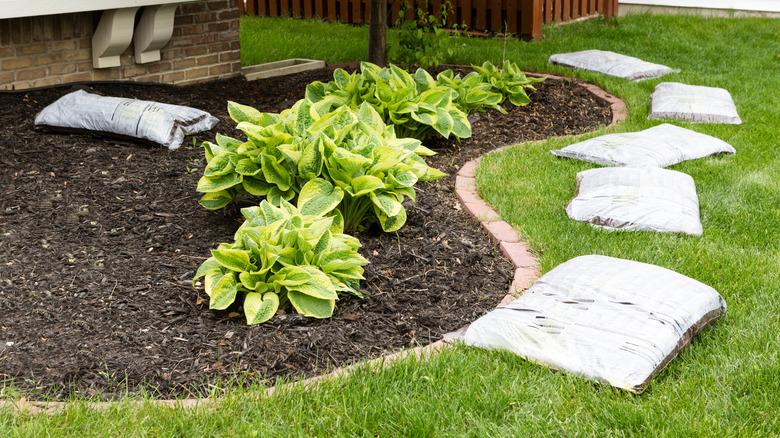 White bags of mulch lying in garden