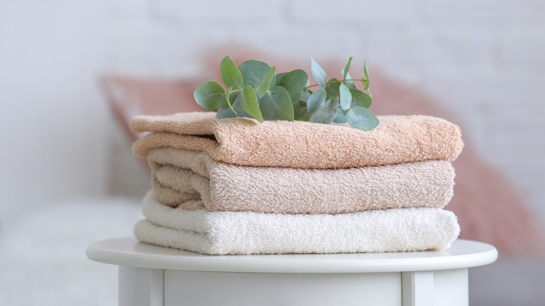 Clean towels with eucalyptus leaves