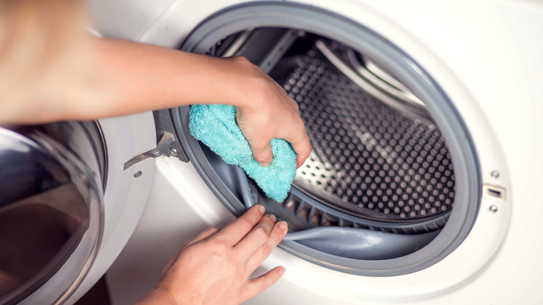 Inside of washing machine with load of clothes