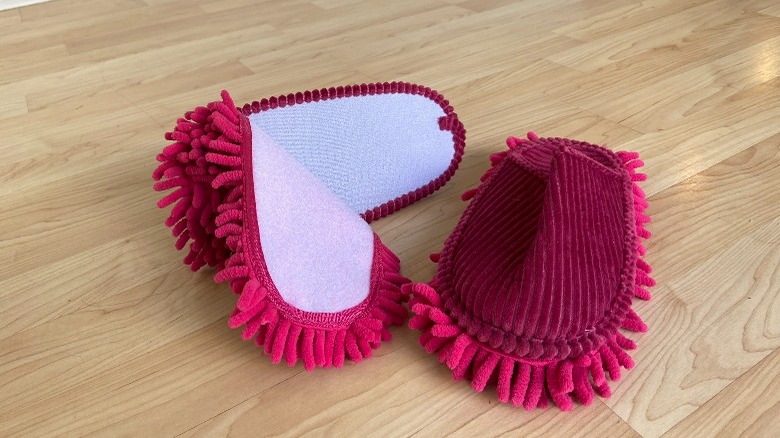 Pink mopping slipper's velcro showing
