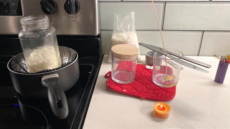 Candle making process in kitchen