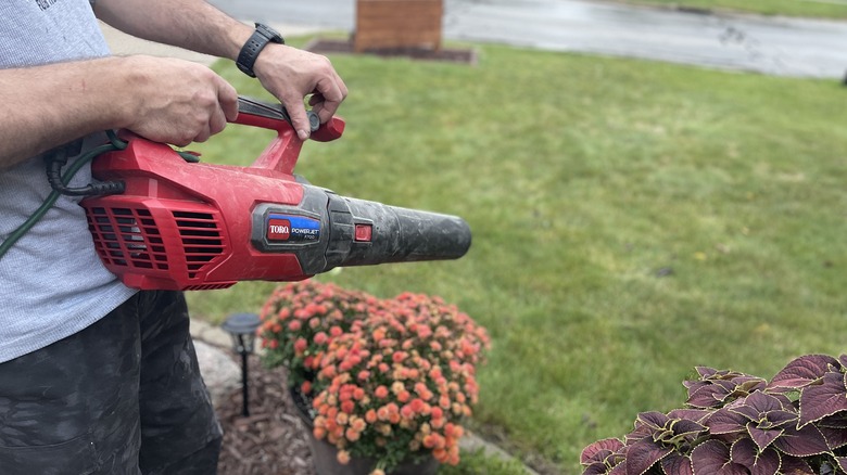 Hands holding leaf blower