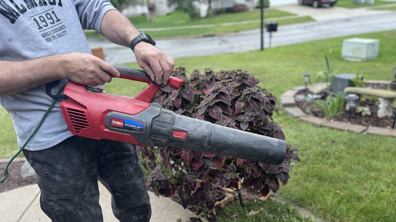 Holding leaf blower by bush