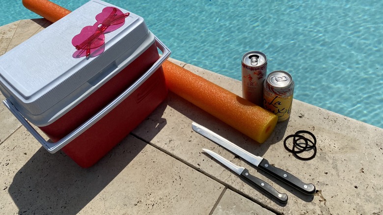 Knife, rubber band, drinks, and pool noodle