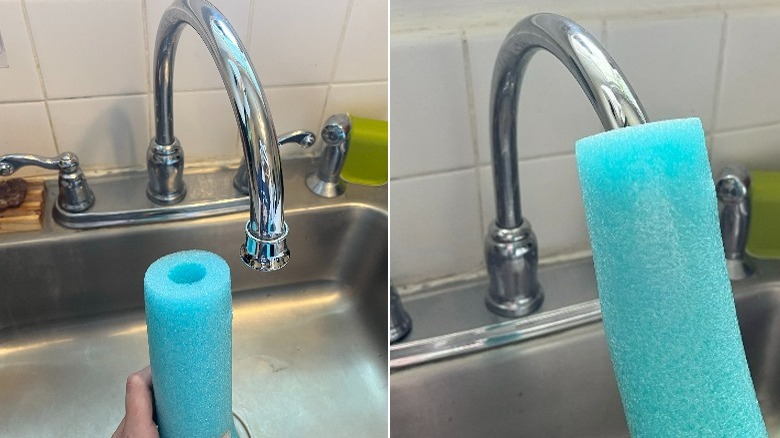 Pool noodle fitted to faucet