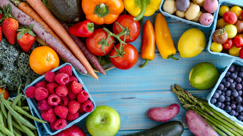 array of heirloom veggies and fruits