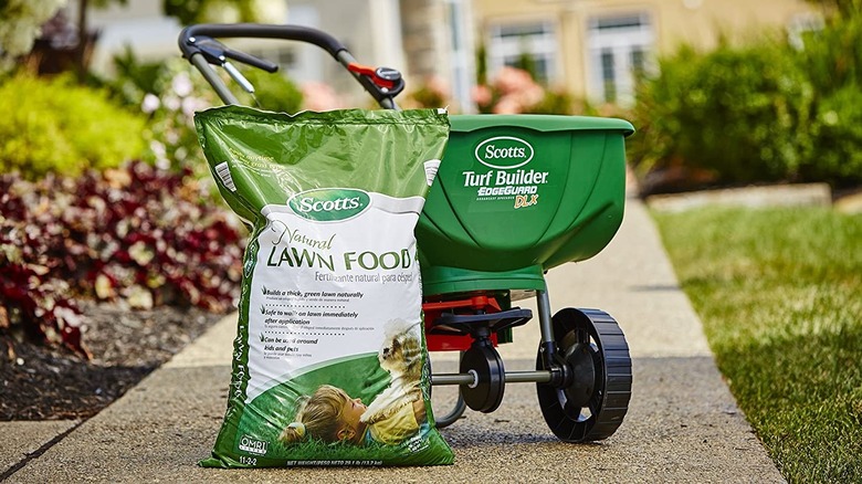 Lawn food by wheelbarrow.