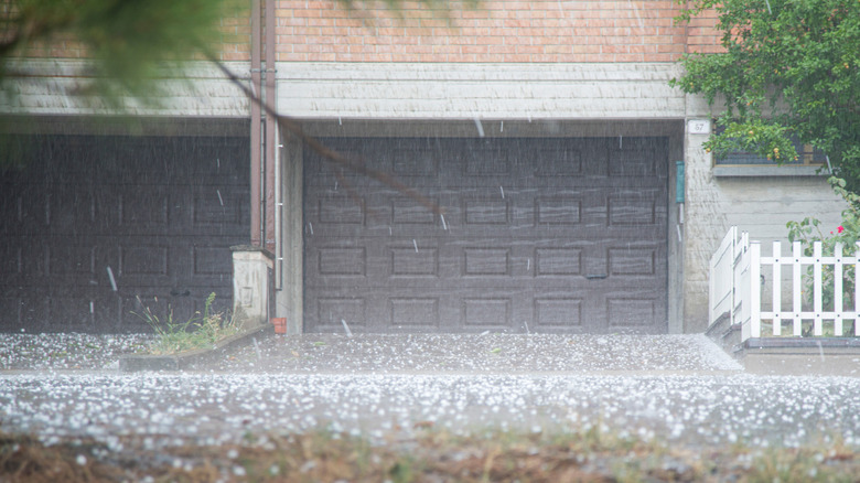 Garage door closed in rain