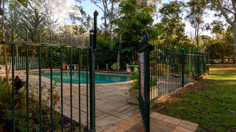 Swimming pool with metal gate