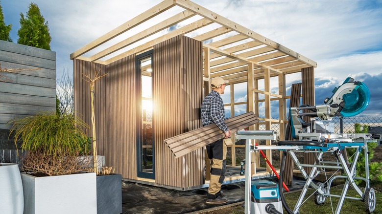 Modern garden shed under construction