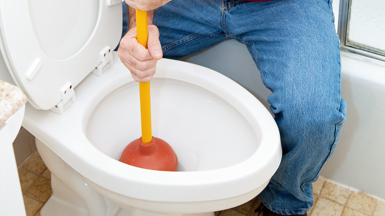 Man pluging a toilet