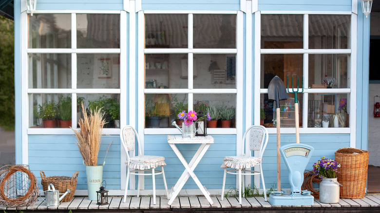 blue and white greenhouse