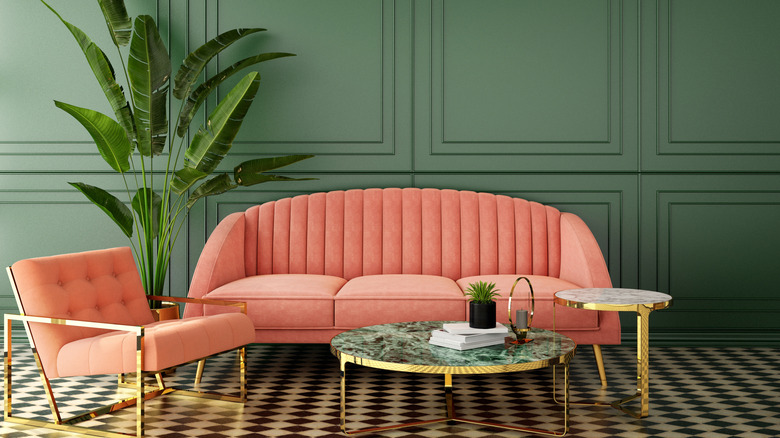Coral pink and green living room