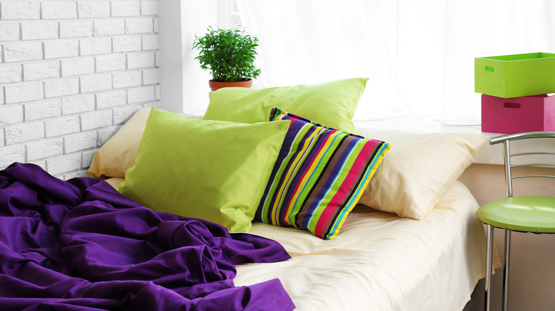 green and purple bedding