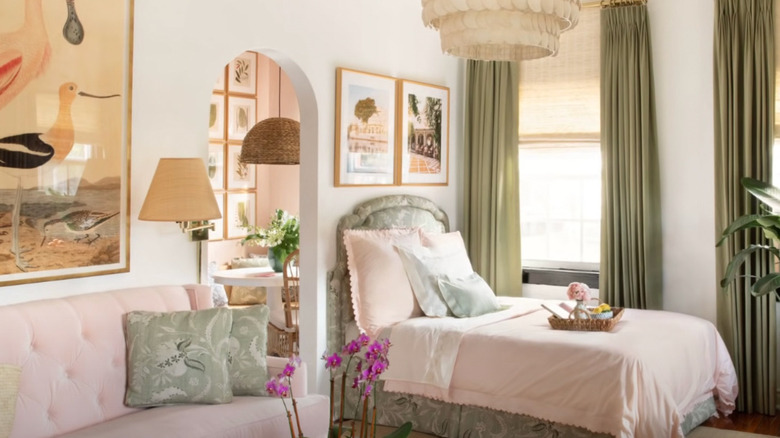 pink room with chintz fabric