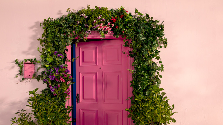 Pink front door with greenery