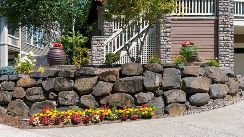 Rock wall in home's landscaping