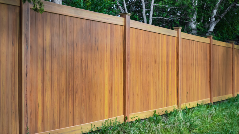 A new wooden fence with a horizontal kickboard along the bottom