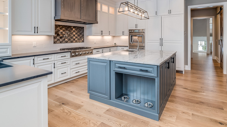 contemporary white kitchen with blue island and many upgraded features.