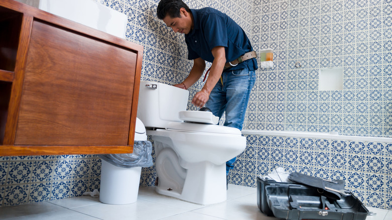 plumber inspecting a bathroom toilet