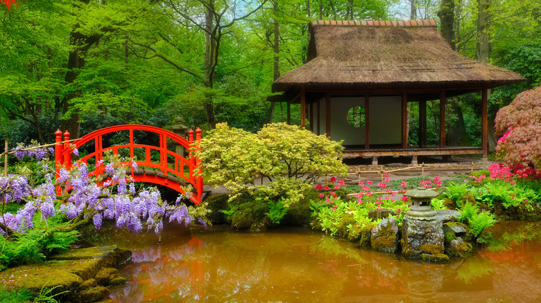 Japanese Zen garden with bridge