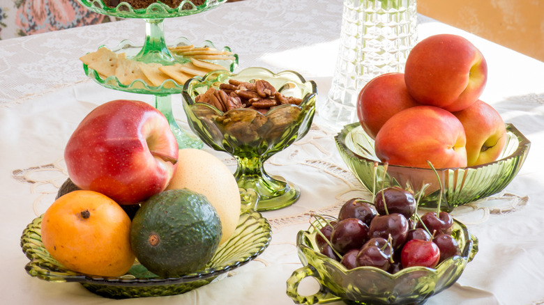 green depression glass with fruit