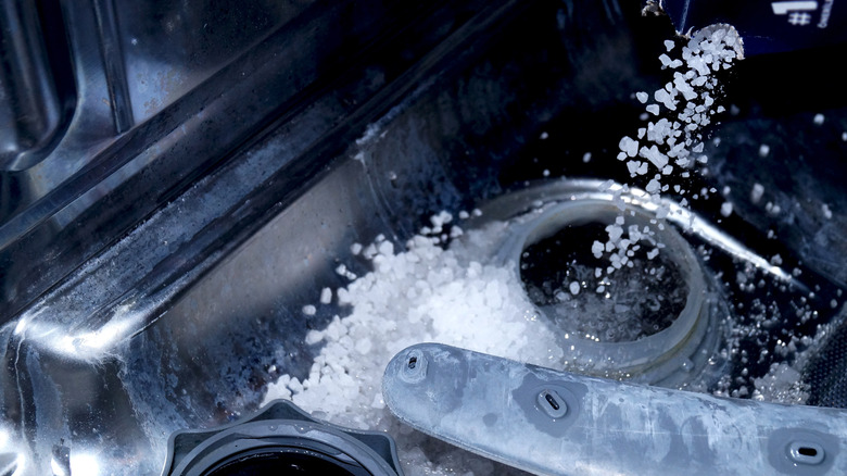 Dishwasher salt being poured into dishwasher compartment