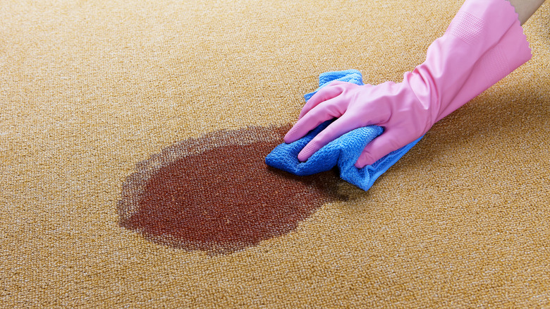 Gloved hand cleaning stain