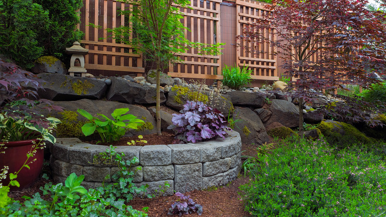 stone retaining wall with plants